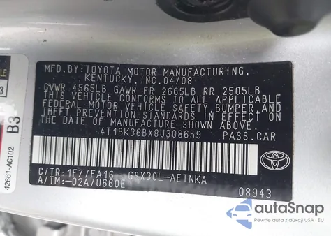 2008 Toyota Avalon Limited/Touring/Xl/Xls from USA, damaged, VIN 4T1BK36BX8U308659